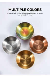 Close-up of four brushed stainless steel sauce dishes in gold, silver, rose gold and rainbow