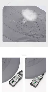 Close-up of grey sun hat featuring breathable mesh vents and UV protection test results