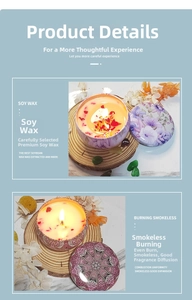 Detail of soy wax candle in tin with dried flowers for home aromatherapy decor