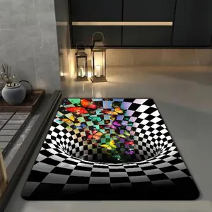 3D optical illusion abyss floor mat with colorful butterflies and checkered patterns