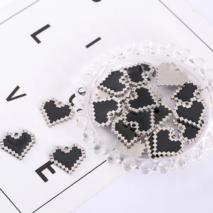 Bulk black pixel heart charms in zinc alloy with silver trim for DIY necklace making
