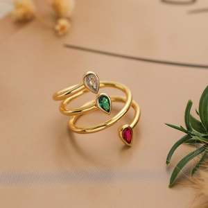 18K gold plated multi-layer spiral ring with red green and clear teardrop zircon