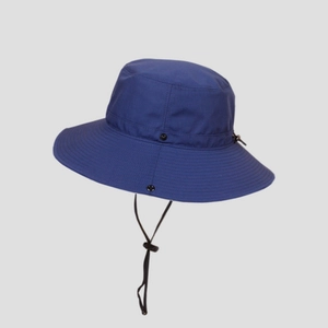 Detail of navy sun hat featuring reinforced wide brim and adjustable black wind cord