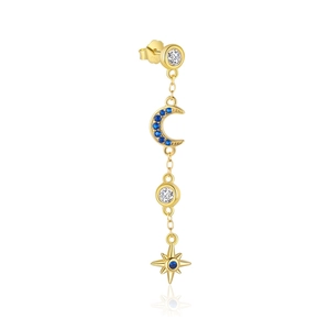 Macro detail of S925 sterling silver gold drop earrings with blue and white zircon moon star