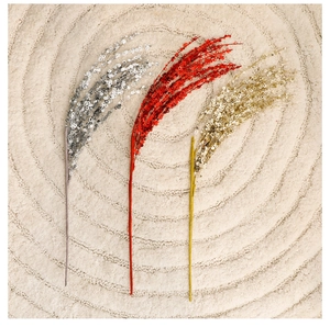 Close-up of sparkling red, gold, and silver sequined branches for Christmas tree DIY decor