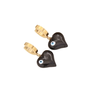 Golden stainless steel heart hoop earrings with black enamel evil eye motif for women