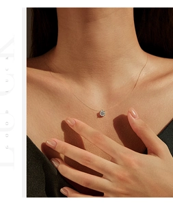 Detailed view of 1 carat moissanite solitaire pendant on a transparent fishing line cord