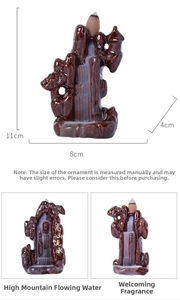 Detail view of backflow incense burner showing dimensions and ceramic mountain design