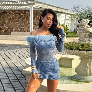 Slim fit light blue lace mini dress with off-shoulder feather trim and long sleeves