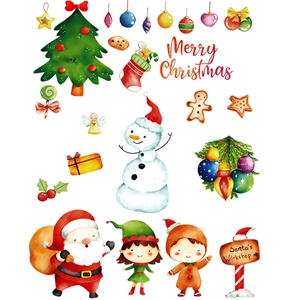 Stickers muraux Noël aquarelle avec Père Noël, bonhomme de neige et décors festifs
