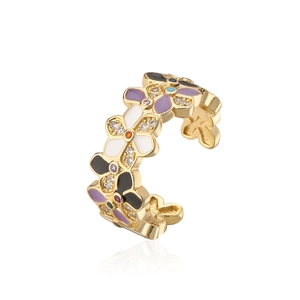Detailed side view of 18k gold-plated floral open ring with colorful enamel and zircons