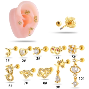 Set di 10 orecchini a vite per cartilagine in oro con zirconi a forma di cuore e stella
