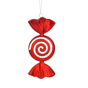 Glossy red and white spiral candy Christmas ornament with a shiny metallic finish