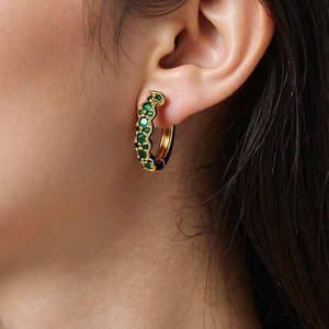 Classic gold hoop earrings with micro-pave green zircon stones for daily wear