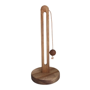 Vertical solid wood paper towel holder with round base and lucky cat pendant detail
