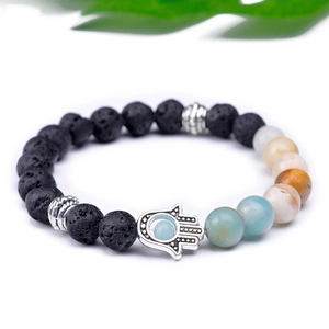 Handmade Hamsa hand bracelet with black lava stone and natural colorful beads
