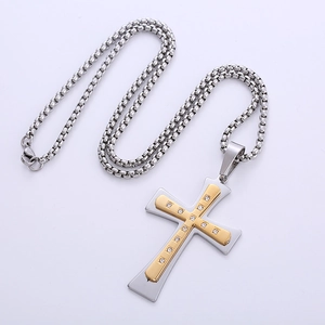 Two-tone stainless steel cross necklace with CNC diamonds and silver box chain