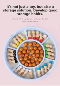 Overhead view of wooden memory game set with colorful pegs and round storage tray