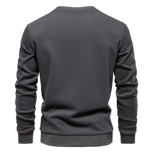 Detailed back view of a slim-fit dark grey long-sleeve crewneck sweatshirt for men