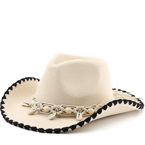 Western Cowboy Hat Retro Wide Brim Felt Jazz Fedora With Shell Wooden Beads Ethnic Bohemian Style For Performance Vacation