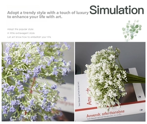 Close-up of purple and white artificial gypsophila bouquets for wedding home decoration