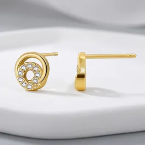 French Minimalist Round Zirconia Stud Earrings 18K Gold Plated Copper Hoop Earrings With 925 Sterling Silver Earring Post For Women