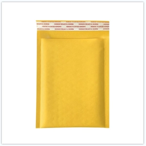 Yellow kraft paper bubble mailer with self-seal adhesive strip on white background