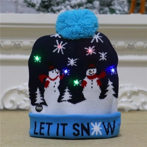 Detail of LED light-up knitted Christmas hat with snowman pattern and On/Off switch