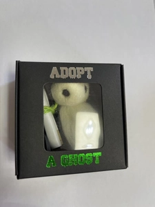 Top view of white felt ghost doll inside a black windowed gift box with Adopt A Ghost text