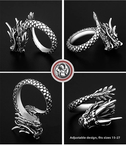 Detailed macro view of vintage silver dragon ring with intricate scale carving and open design