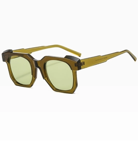 Detail of green transparent sunglasses arm showing model 2N3682 and CE quality mark
