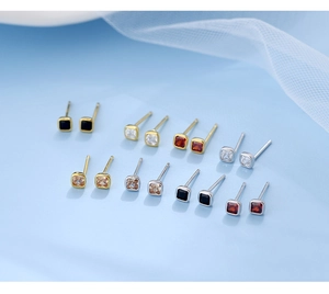 Detailed grid of geometric square zircon stud earrings in various colors and metallic finishes