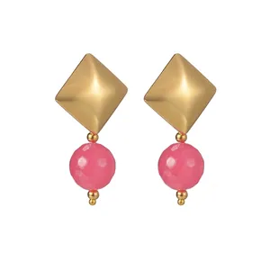 Fashion Stainless Steel Rhombus Beaded Drop Earrings For Women Geometric Gold Plated Colorful Resin Bead Stud Earrings