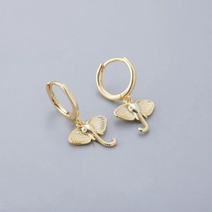 Detailed close-up of golden elephant earrings with S925 silver hallmark engraving