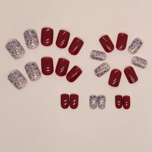 Short square press-on nails in burgundy and lilac glitter floral design kit