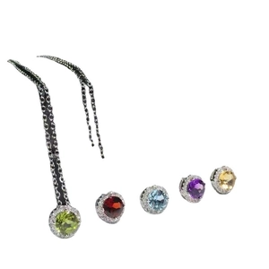 S925 silver halo jewelry set with round necklace and five colors of natural gemstone studs
