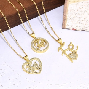 Faith Letter Heart Round Pendant Necklace Copper 18K Gold Plated Cubic Zirconia Geometric For Women