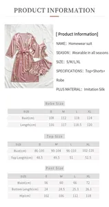 Detailed size chart for pink floral satin homewear set with robe, top and shorts