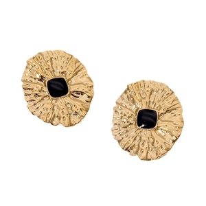 Vintage style gold earrings with black square center and irregular radiant textured design