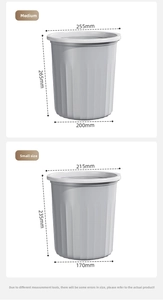 Vertical striped grey trash bin detail showing medium and small size dimensions