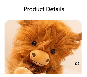 Close-up of a brown highland cow plush toy showing its soft long fur and cute facial details