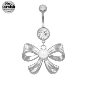 Close-up of silver bowknot navel ring in non-tarnish 316L surgical steel with crystal