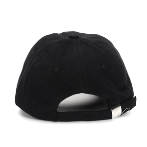 Minimalist black cotton docker hat with adjustable metal buckle and six-panel structure