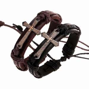 Handmade Braided Leather Bracelet With Metal Cross Spanish Prayer Adjustable Vintage Religious Jewelry For Men