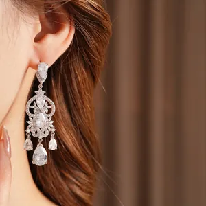 French vintage silver heart drop tassel earrings with sparkling zircon for women