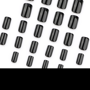 Classic short square glossy black press on nails with elegant resin mirror finish