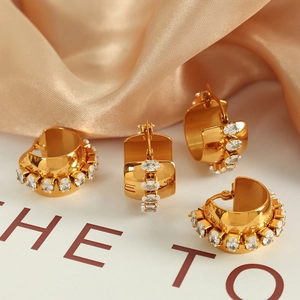 18K Gold Plated Stainless Steel Chunky Hoop Earrings With Oval Transparent Zircon Inlay Trendy Elegant Jewelry For Women
