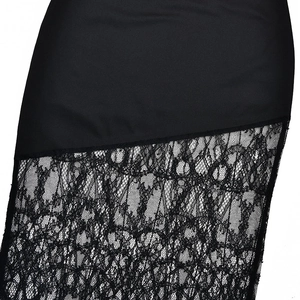 Detailed view of black lace patchwork hem and sheer floral mesh on backless maxi dress