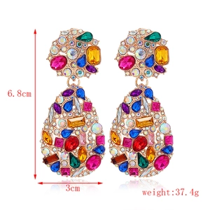 Detail view of colorful rhinestone drop earrings showing 6.8cm height and 3cm width