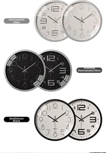Silent quartz wall clocks in electroplated silver and black finishes with 3D numerals